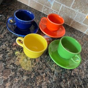 Homer Laughlin Multi Colour Tea Cup and Saucer Set x 7